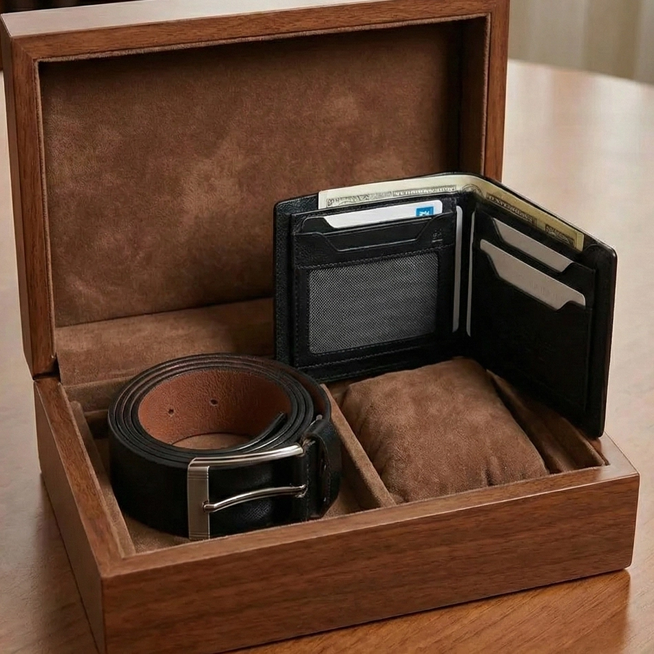 প্রিমিয়াম জেন্টস কম্বো প্যাকেজ - জেনুইন লেদার ওয়ালেট এবং বেল্ট - ব্ল্যাক ও ব্রাউন কালার